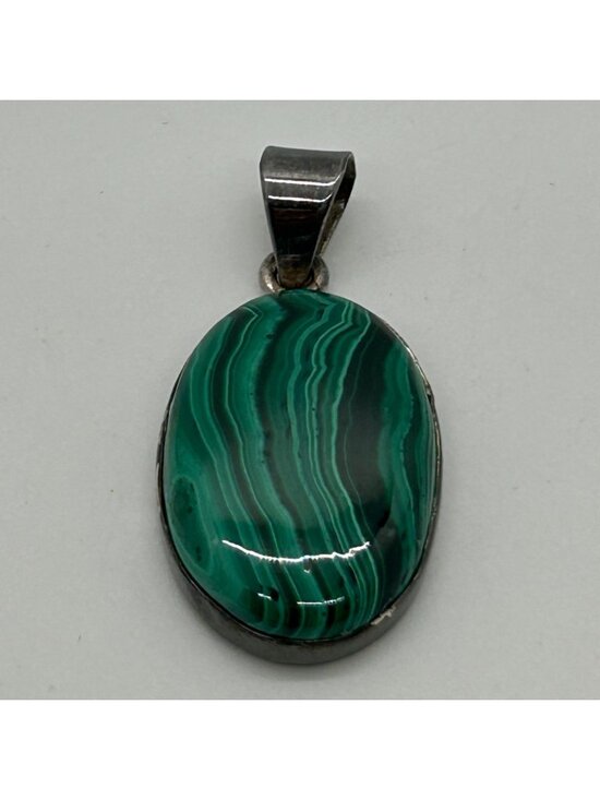 Estate Jewelry - Natural Malachite Pendant 925 Sterling Silver Oval Green Banded Gemstone Necklac